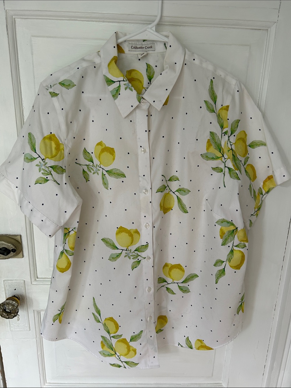 Coldwater Creek White Lemon & Green Leaf Short Sleeve Shirt